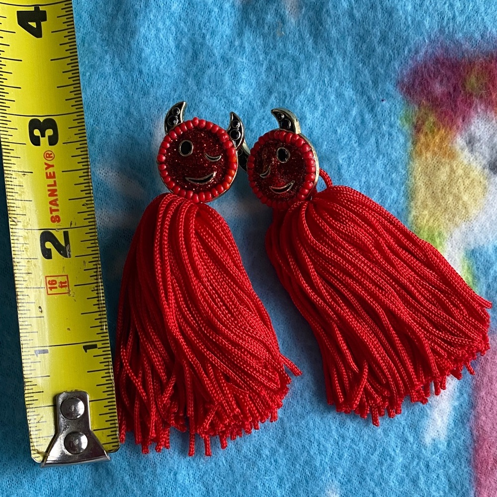 Fun Halloween Winking Eye Devil Design Red Tassel Earrings